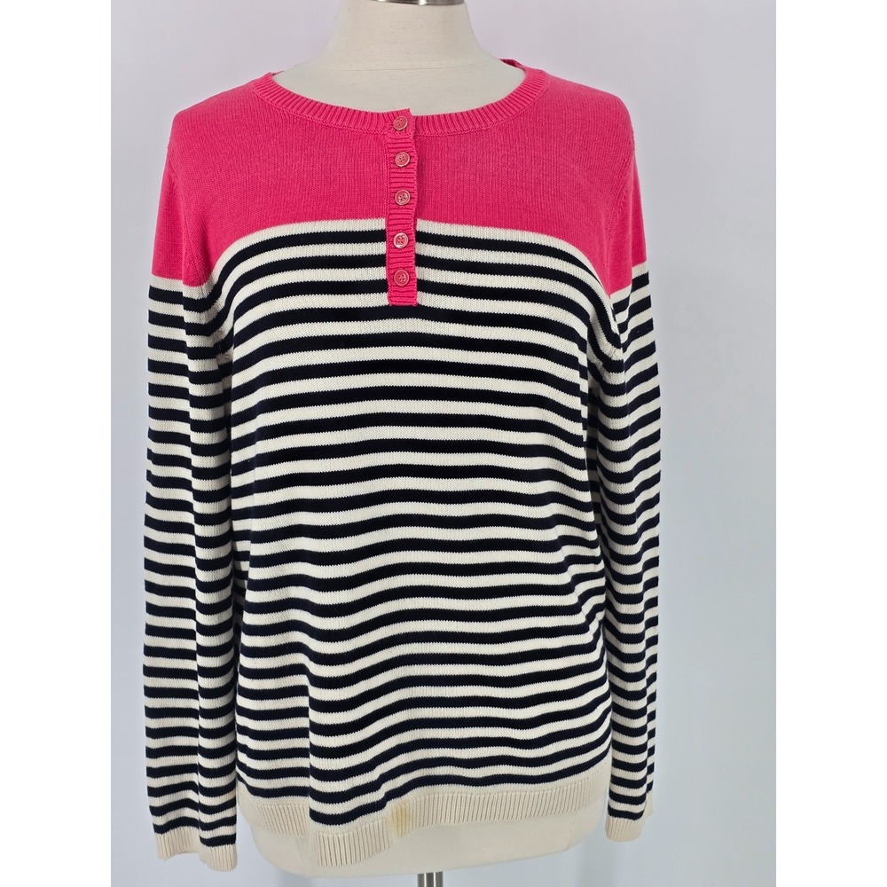Talbots Sweater Women XL Pink Stripe Pullover Henley Preppy Cotton Rayon Knit